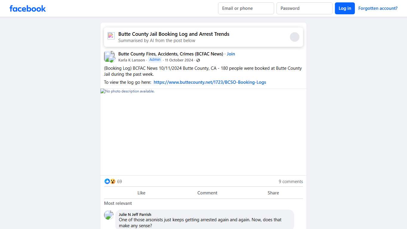 Butte County Fires, Accidents, Crimes (BCFAC News) | (Booking Log) BCFAC News 10/11/2024 Butte County, CA - 180 people were booked at Butte County Jail during the past week | Facebook